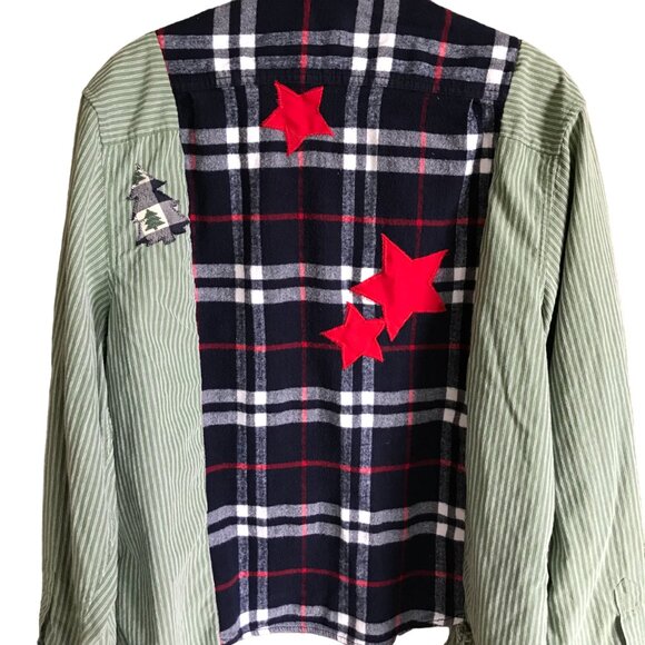 Upcycled Patchwork Button-Down Shirt, Size M-L: Boho Mixed Print Top with Fringe - Picture 1 of 12